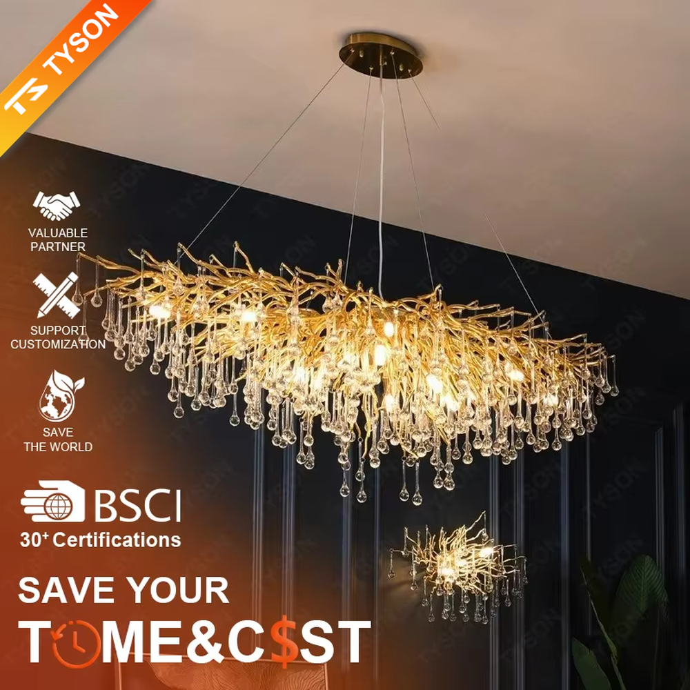 This is a luxurious artistic golden branch crystal chandelier, with a golden metal branch structure and numerous crystal leaves, featuring strong artistic sense and luxury. It is used for space lighting and decoration, creating a high-end luxurious atmosphere. Suitable for luxury villa living rooms, high-end hotel banquet halls, European-style restaurants and other places.