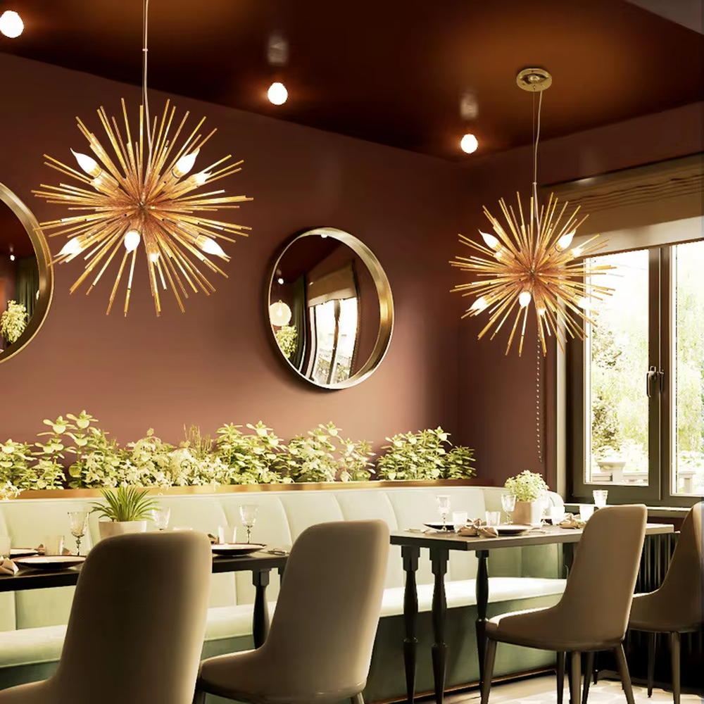 Light luxury golden firework radial-shaped hanging chandelier, radial metal strips + multi-bulb design, brilliant and vivid lighting, creating a vintage artistic atmosphere.