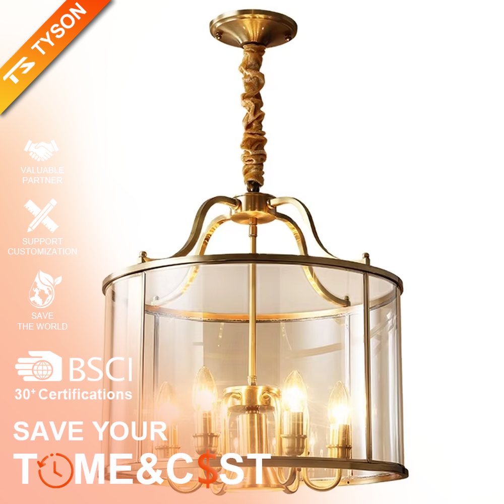 Light luxury golden metal frame glass cover candelabra chandelier, golden metal frame + transparent glass outer cover + candle-shaped bulbs, soft warm light, creating a vintage light luxury bedroom atmosphere.