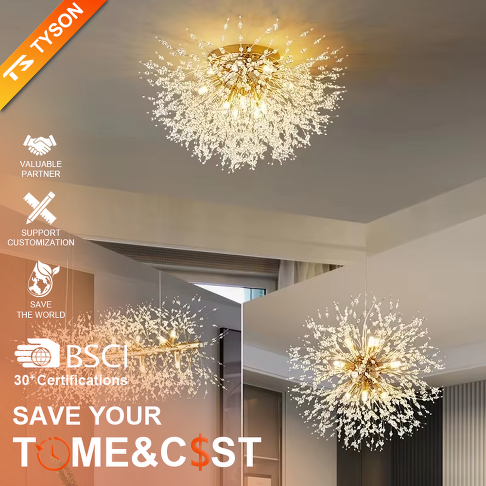 Art firework ball chandelier (gold-white starburst shape + warm light), warm light effect, creating a brilliant and romantic light luxury home atmosphere.