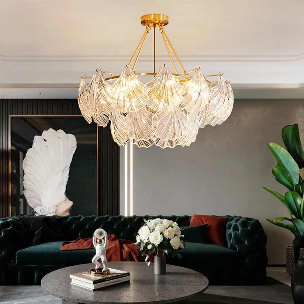 Light luxury ginkgo leaf crystal chandelier (gold frame + textured crystal), warm light effect, creating an elegant and brilliant light luxury home atmosphere.