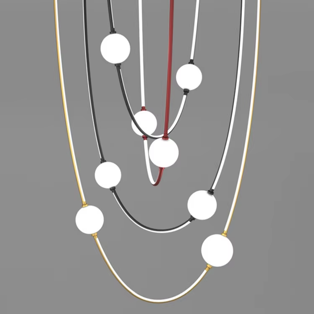 Modern creative curved frame hanging chandelier, black curved metal frame + white light strip + white spherical lampshades, soft and flexible lighting, creating an artistic minimalist atmosphere.