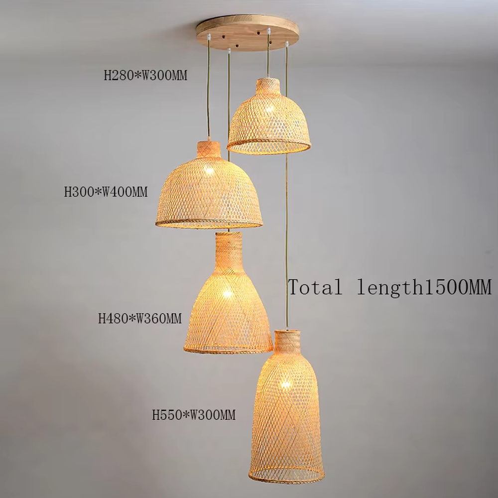 Natural bamboo woven staggered chandelier (hand-woven bamboo lampshades + log base), warm light effect, creating a simple and healing space atmosphere.