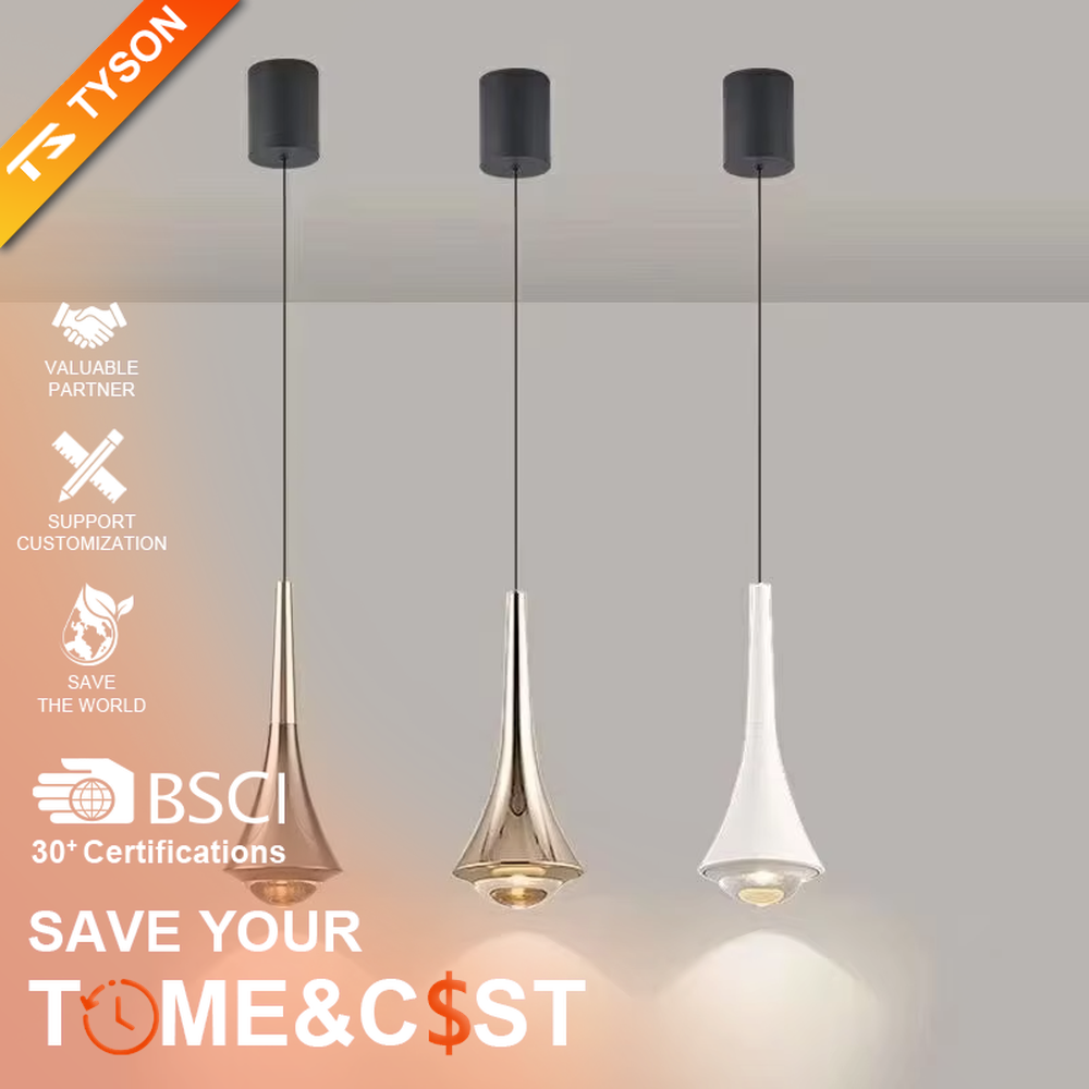 This minimalist light luxury conical small chandelier features a water-drop shape made of black-gold metal, with a thin gold rod on top, projecting soft light spots, serving both lighting and decorative purposes, ideal for bedroom bedside tables, dining bars, light luxury commercial spaces and other scenarios.