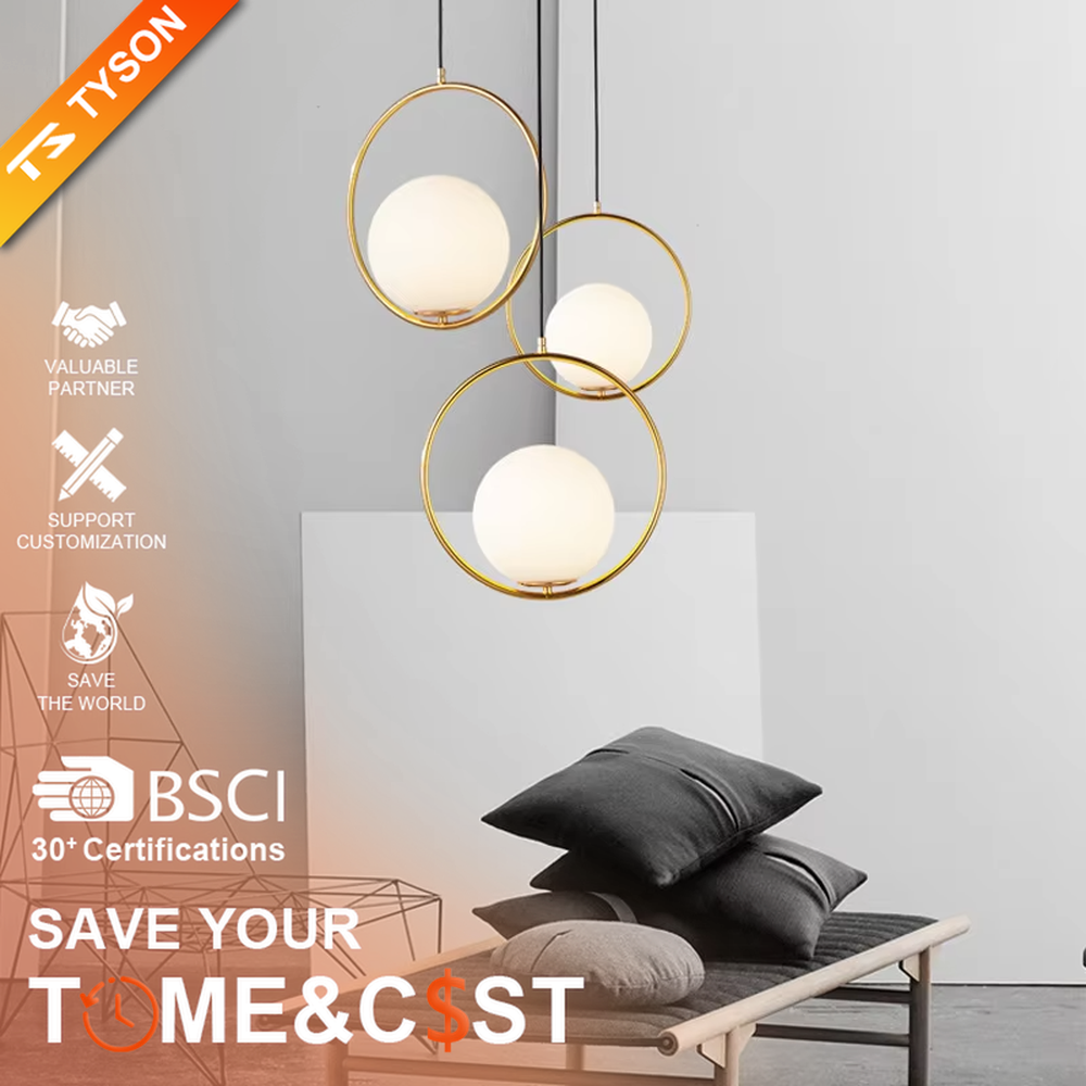 Minimalist gold ring glass ball chandelier (double-set model + warm light), warm light effect, creating a simple and high-end light luxury home atmosphere.