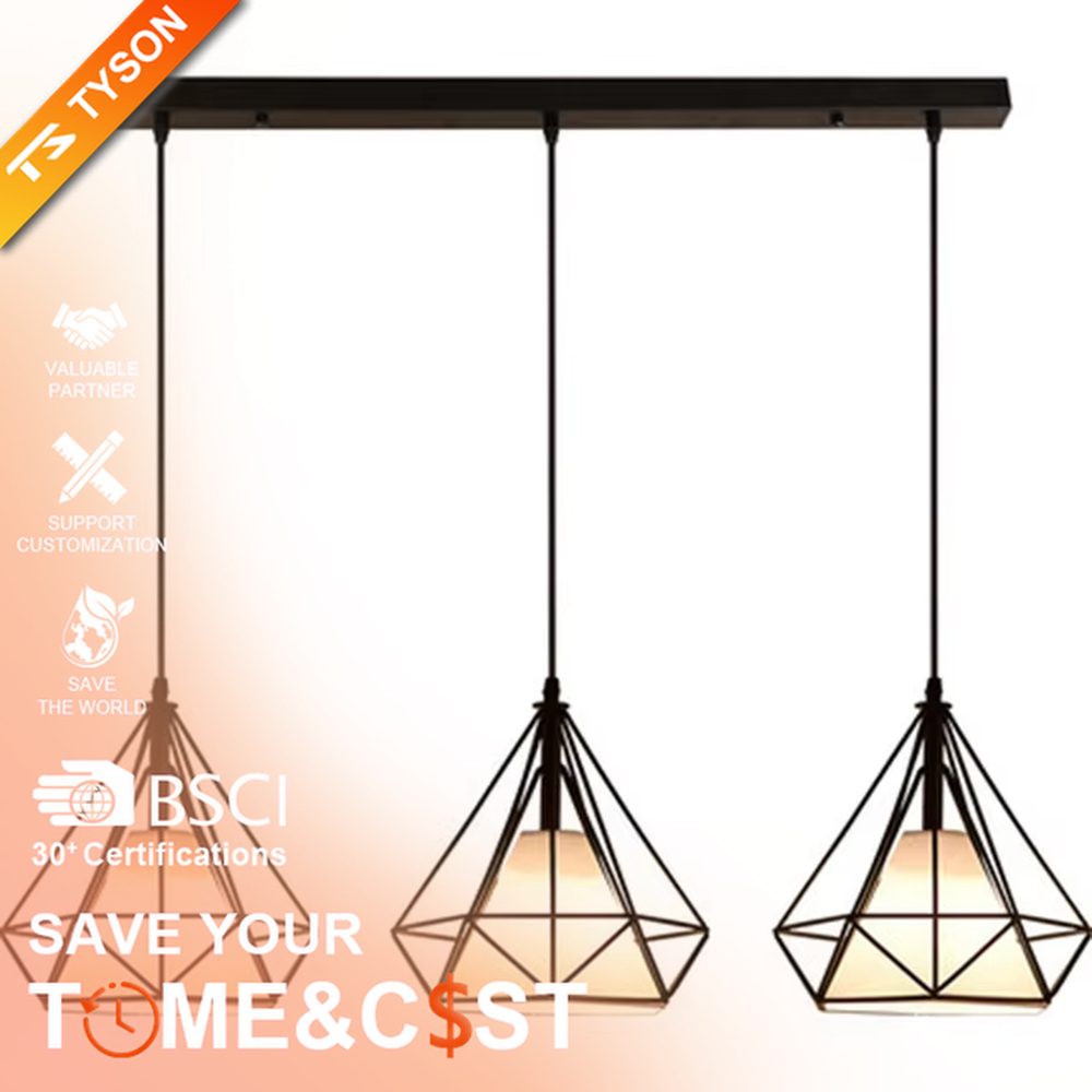 Nordic style three-head geometric iron chandelier, featuring a black rhombus metal frame design with soft and even light, used for lighting and decoration in dining tables, bars and other areas, suitable for modern minimalist, industrial style home and commercial spaces