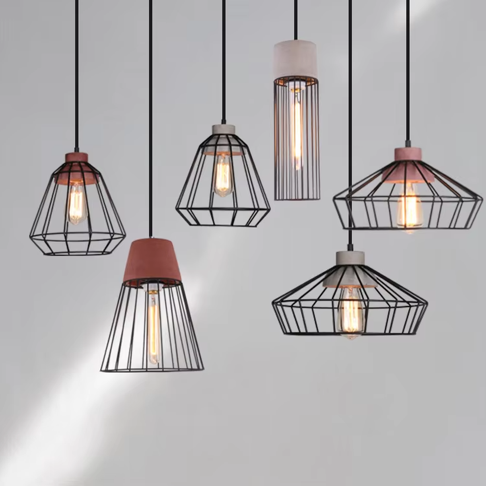 Industrial style iron mesh chandelier set, with black metal frames and pink/white cement texture tops, embedded with retro Edison bulbs, available in multiple shapes, designed to enhance the personalized atmosphere of spaces, suitable for restaurant bars, coffee shops, industrial style home and commercial spaces