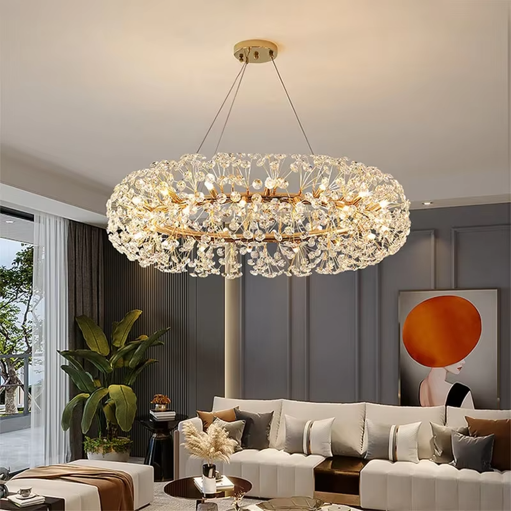 Light luxury dandelion-shaped golden frame crystal ball chandelier, warm light effect, creating an exquisite artistic space atmosphere.