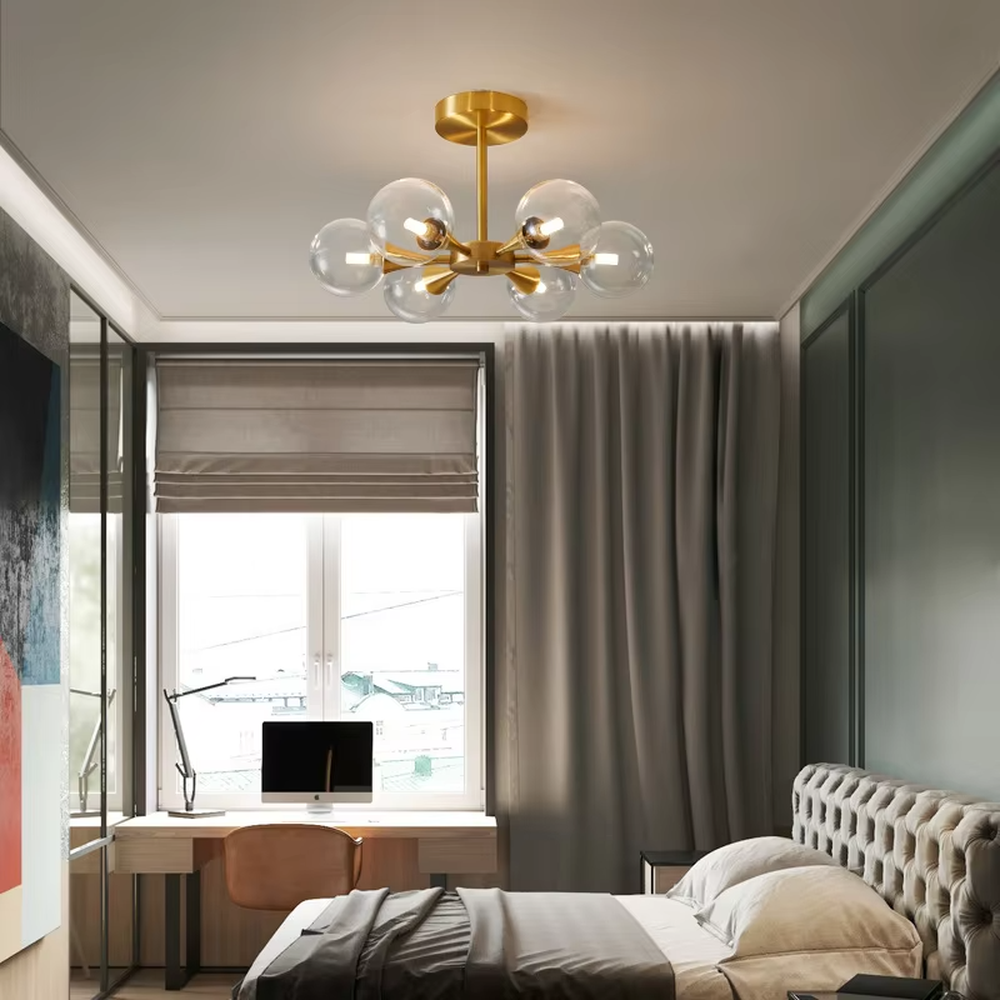 Light luxury gold branch cloud cluster ceiling chandelier (gold branch frame + milk-white glass balls), warm light effect, creating a warm and high-end home atmosphere.