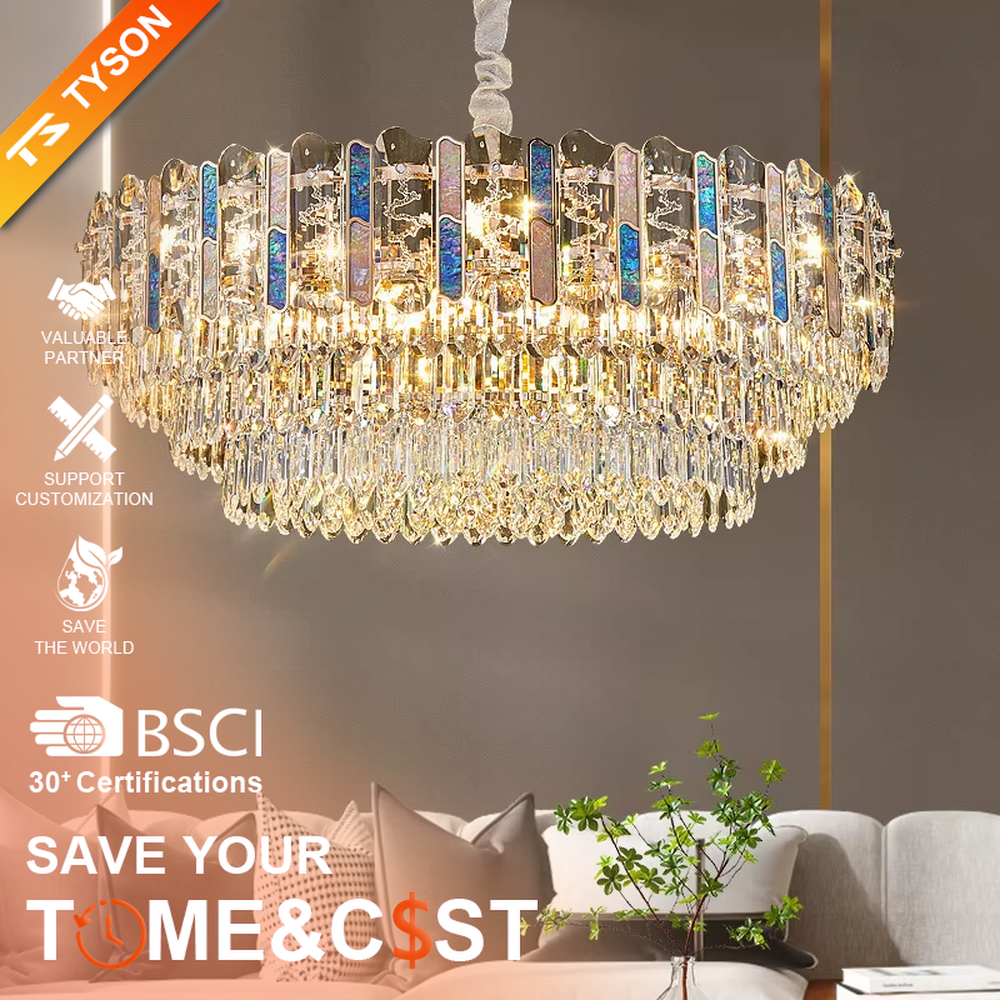Light luxury circular golden crystal chandelier, dotted with blue decorative blocks, brilliant and gorgeous lighting, creating a high-end light luxury atmosphere.
