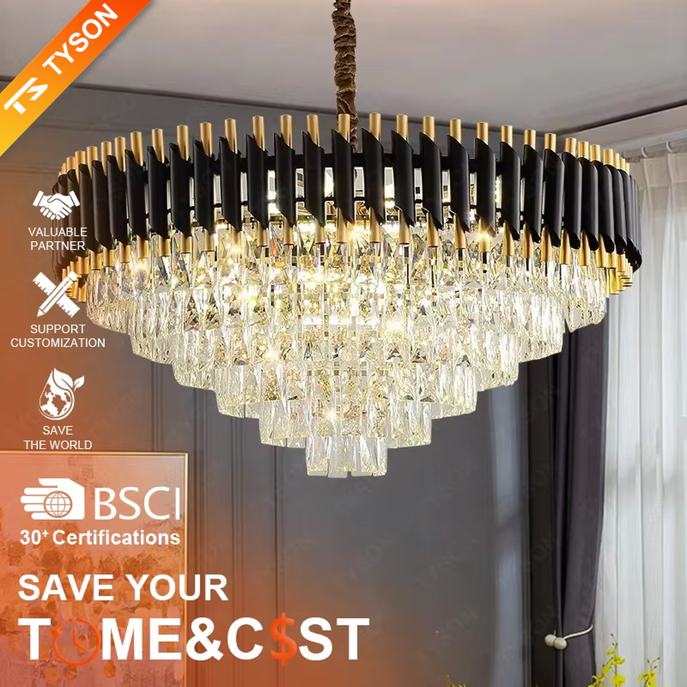This is a light luxury modern-style black and gold round crystal chandelier, with a black and gold metal frame paired with numerous transparent crystals and black woven hanging ropes. It features a light luxury and grand design, with brilliant lighting. It is used for space lighting and decoration, creating a light luxury high-end atmosphere. Suitable for light luxury-style living rooms, high-end restaurants, luxury villas and other places.