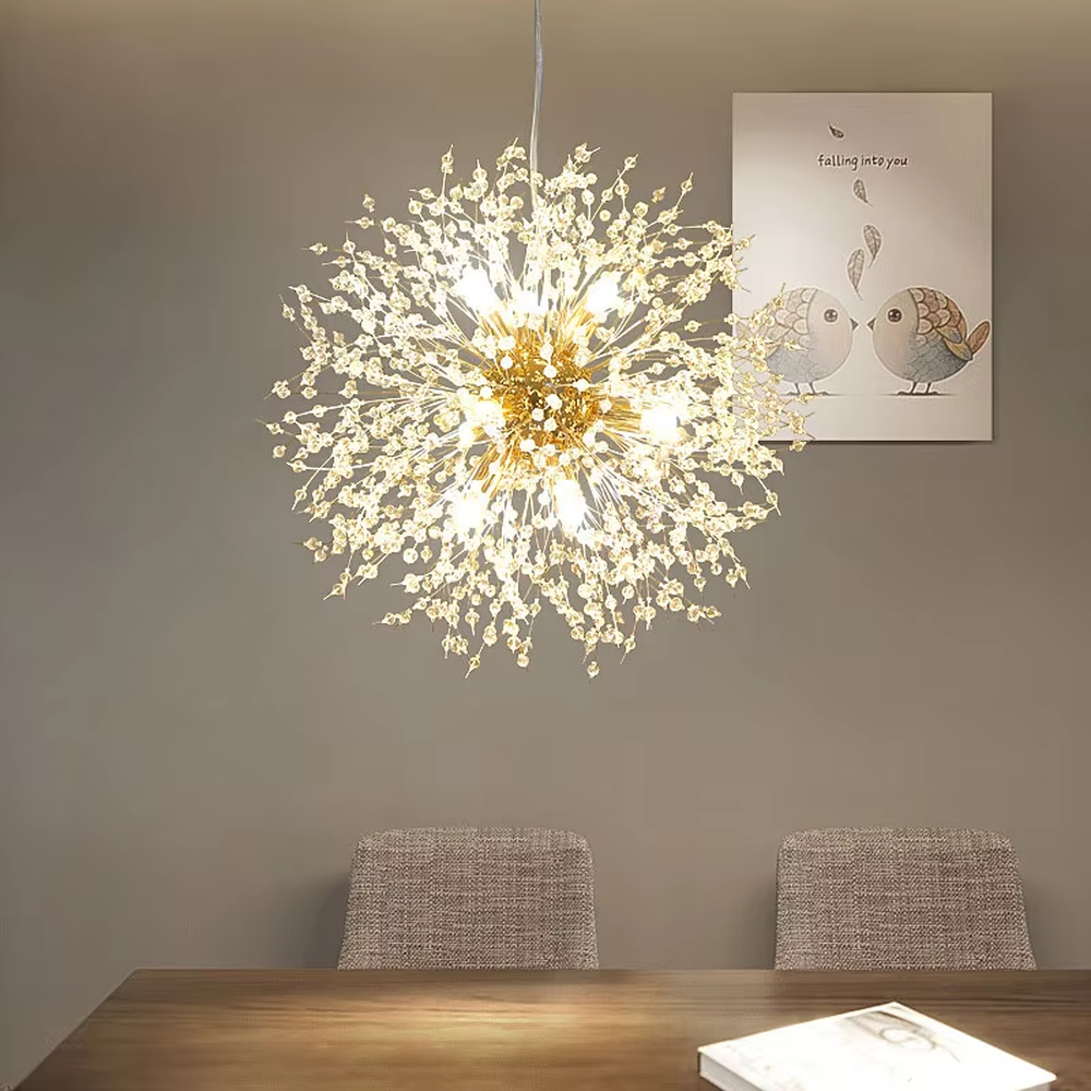 Light luxury art dandelion-shaped cluster chandelier, golden core + transparent slender decorative pieces + multi-bulbs, soft warm light like starlight, creating a light luxury art living room atmosphere.