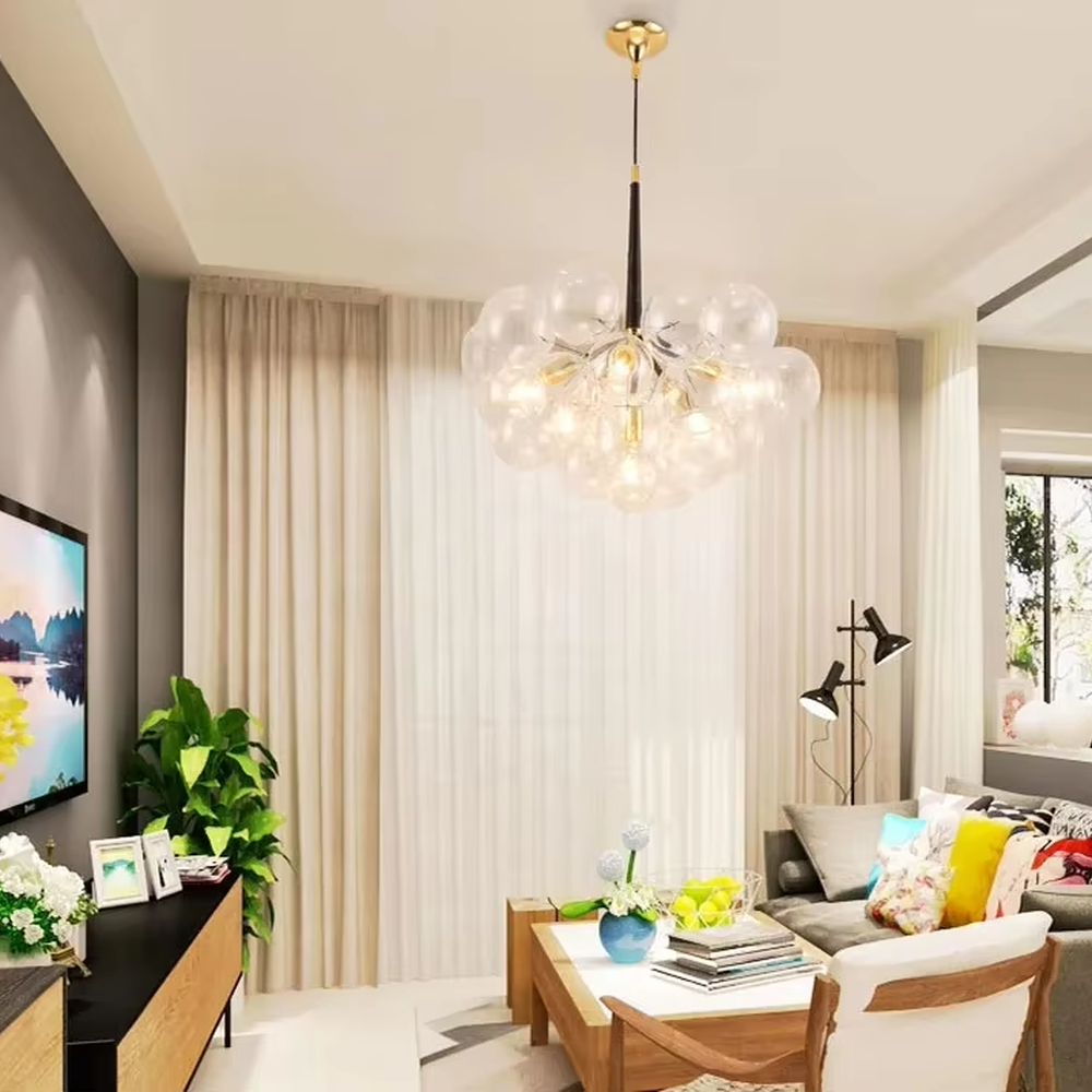 Modern light luxury bubble glass semi-flush mount ceiling light, with a golden base paired with transparent glass ball lampshades stacked into a cloud shape, featuring transparent and soft light, combining decorative and lighting functions, suitable for living rooms, bedrooms and other modern style spaces.