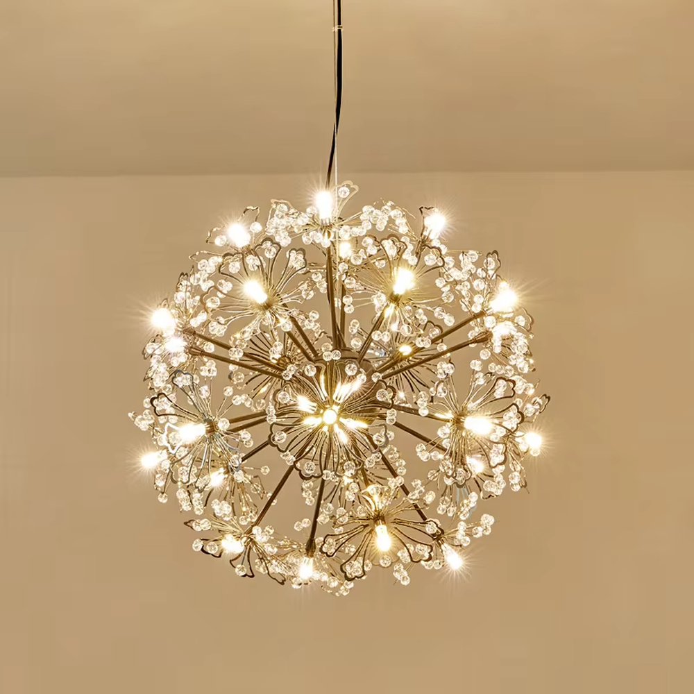 This light luxury dandelion-shaped crystal chandelier features a spherical structure with metal arms and crystal ornaments, with light refracting a brilliant halo through the crystals, serving both lighting and decorative purposes, suitable for modern light luxury spaces such as living rooms and dining rooms.
