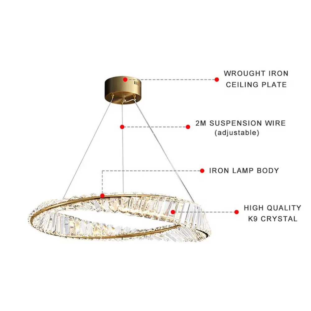 A light luxury and glamorous oval crystal chandelier, constructed with multiple transparent crystal panels joined into a ring-shaped body. It emits a soft and brilliant glow when lit, combining artistic decoration with lighting functionality, ideal for creating a high-end and sophisticated space atmosphere.