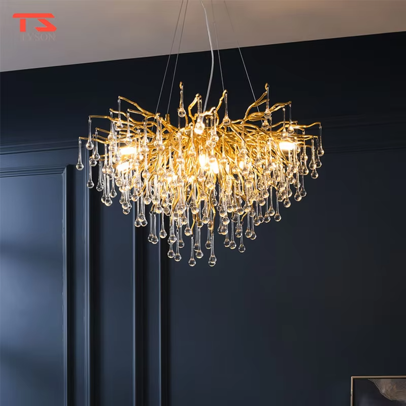 Modern light luxury branch-shaped crystal drop chandelier, with a gold bionic branch metal frame paired with cascading crystal drop pendants, emitting brilliant and luxurious light, combining artistic decorativeness and lighting function, suitable for core lighting and atmosphere creation in spaces such as living rooms, dining rooms, and villas.