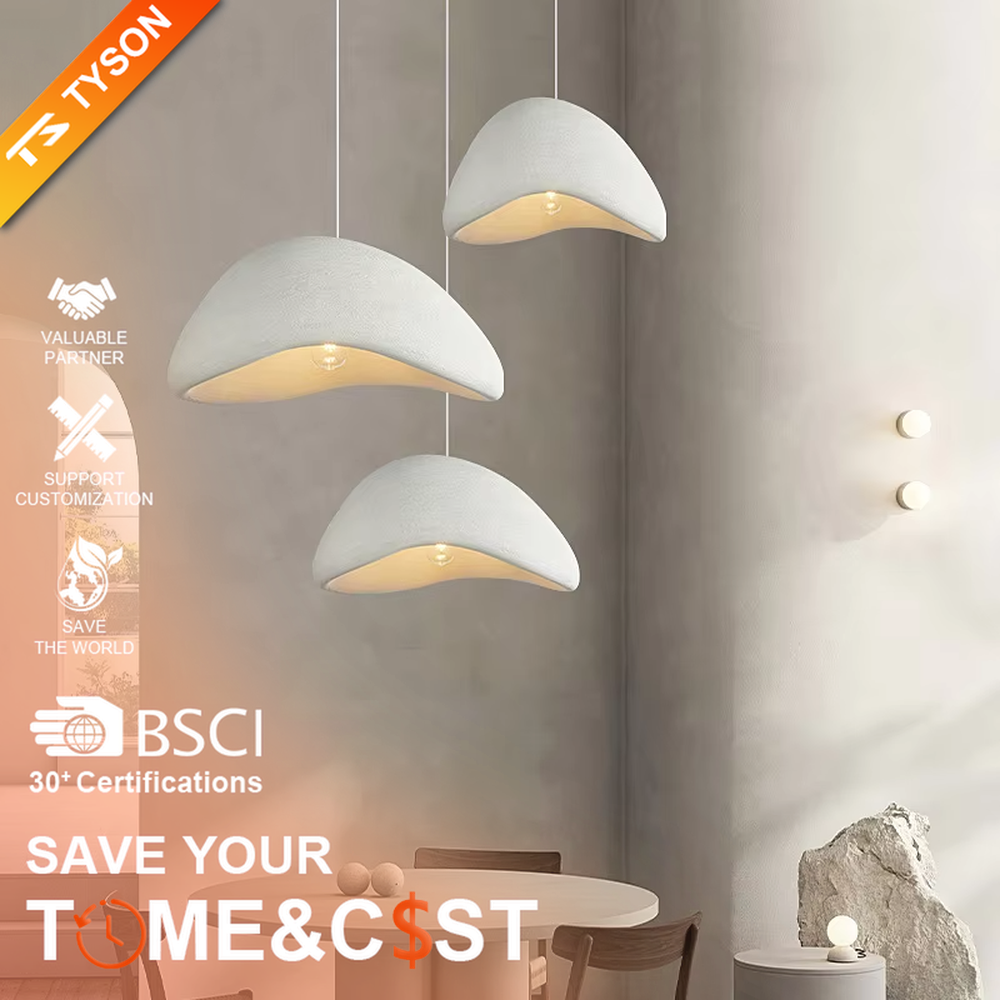 This is a wabi-sabi style hemispherical chandelier, crafted from a textured gray cement-like material, emitting soft warm light from its edge, serving both lighting and decorative purposes, suitable for wabi-sabi style dining rooms, Japanese tea rooms, minimalist living rooms, homestay guest rooms and other scenarios pursuing a relaxed feeling.