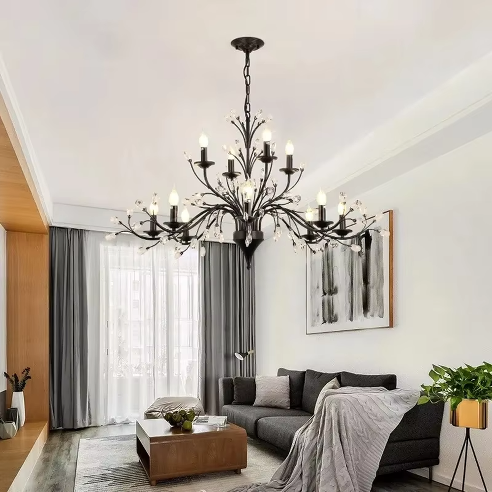 A double-layer retro light luxury style branch chandelier, featuring an extended double-layer branch structure made of dark brown metal, adorned with crystal particles and candle-shaped bulbs. It emits a brilliant yet soft glow when lit, combining decorative appeal with practical illumination, ideal for creating a romantic and elegant space atmosphere.