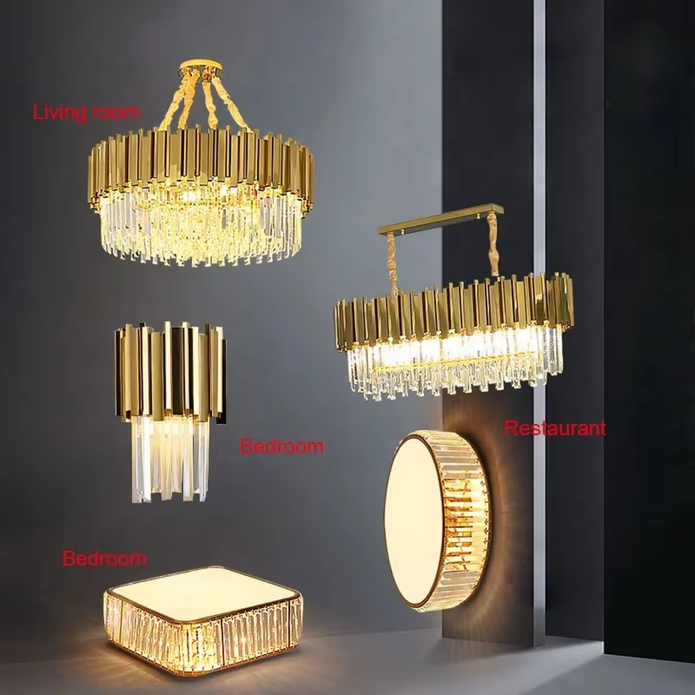 This is a light luxury and luxurious style multi-layer crystal chandelier, with a gold metal top paired with a transparent crystal column pendant structure, which has both lighting and decorative functions, suitable for high-end spaces such as villa high-ceiling living rooms, duplex stairwells, and hotel lobbies.