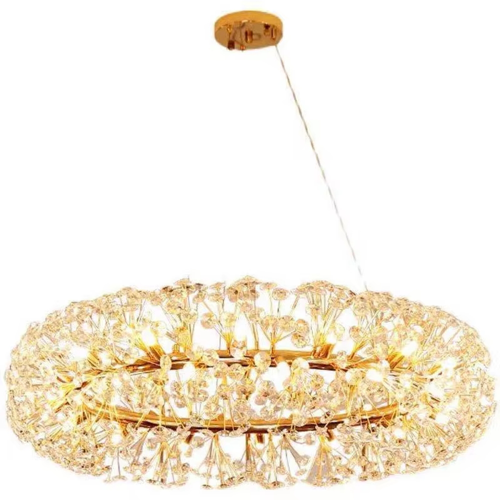 Modern light luxury starry sky oval crystal chandelier, featuring a gold metal frame covered with transparent crystal ornaments. Light refracts through the crystals to create a brilliant glow, combining luxury texture and artistic ambiance, making it a high-end decorative lighting fixture that elevates the space's style.