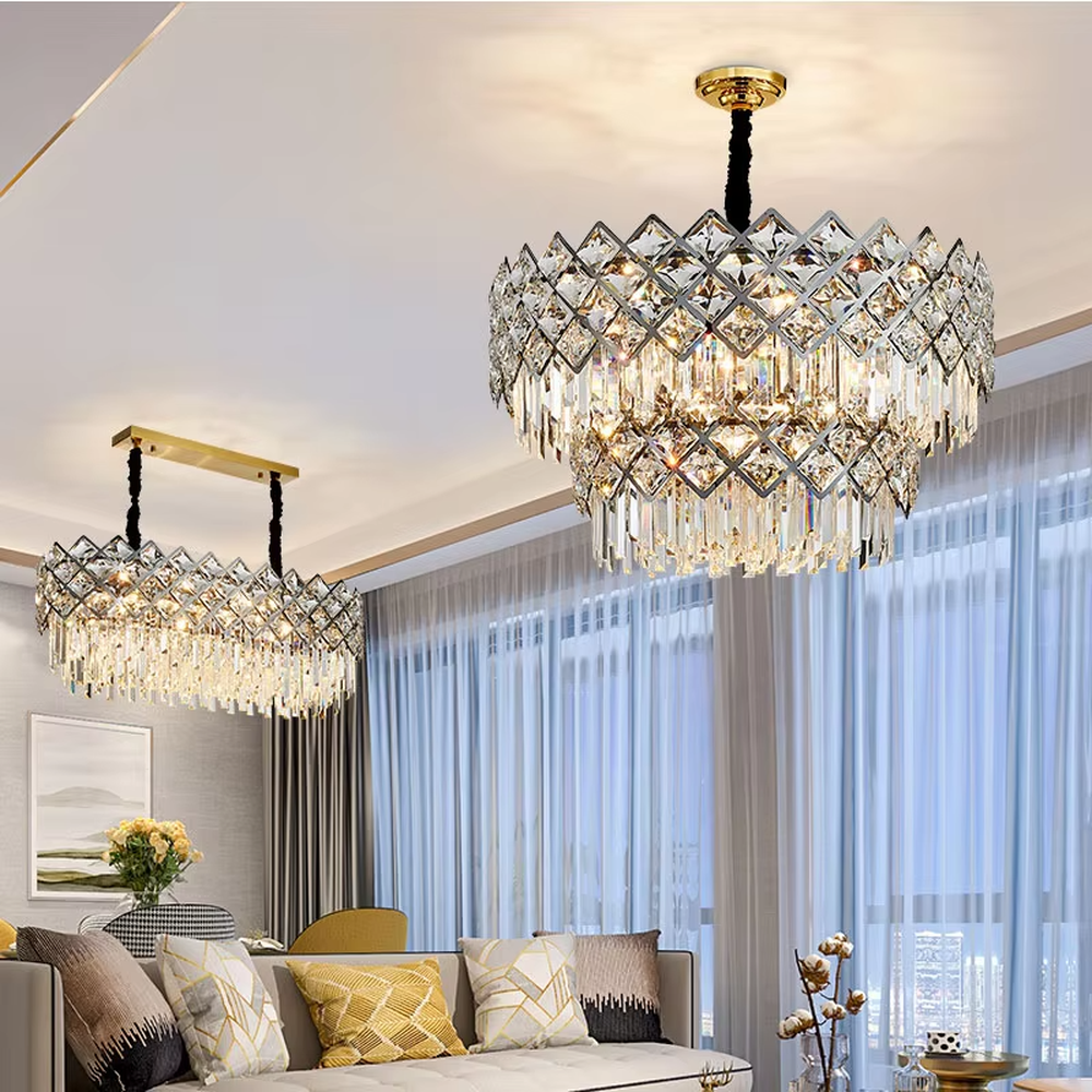 This light luxury rectangular crystal chandelier features a metal frame paired with a rhombus-faceted crystal border and drooping crystal tassels, with light refracting a brilliant halo through the crystals, serving both lighting and decorative purposes, suitable for modern light luxury spaces such as dining rooms and living rooms.