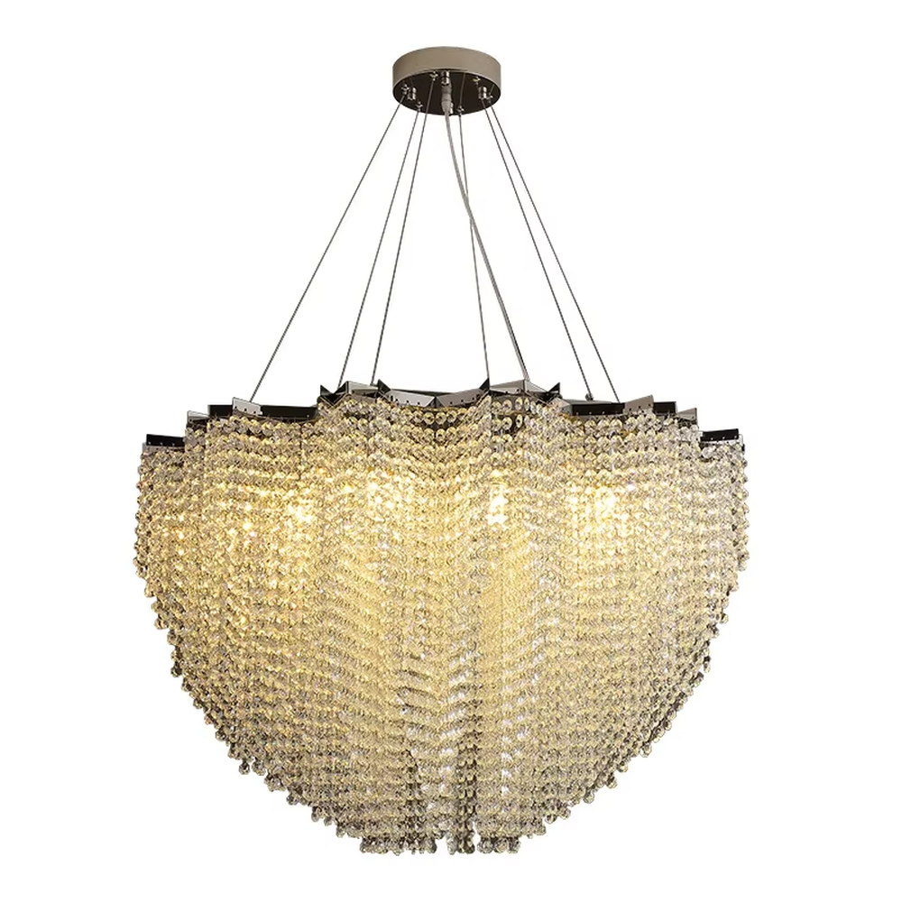 This light luxury heart-shaped crystal chandelier features a full heart shape made of crystal beads, with warm light refracting a brilliant halo through the crystals, serving both lighting and decorative purposes, suitable for modern light luxury spaces such as living rooms and dining rooms.