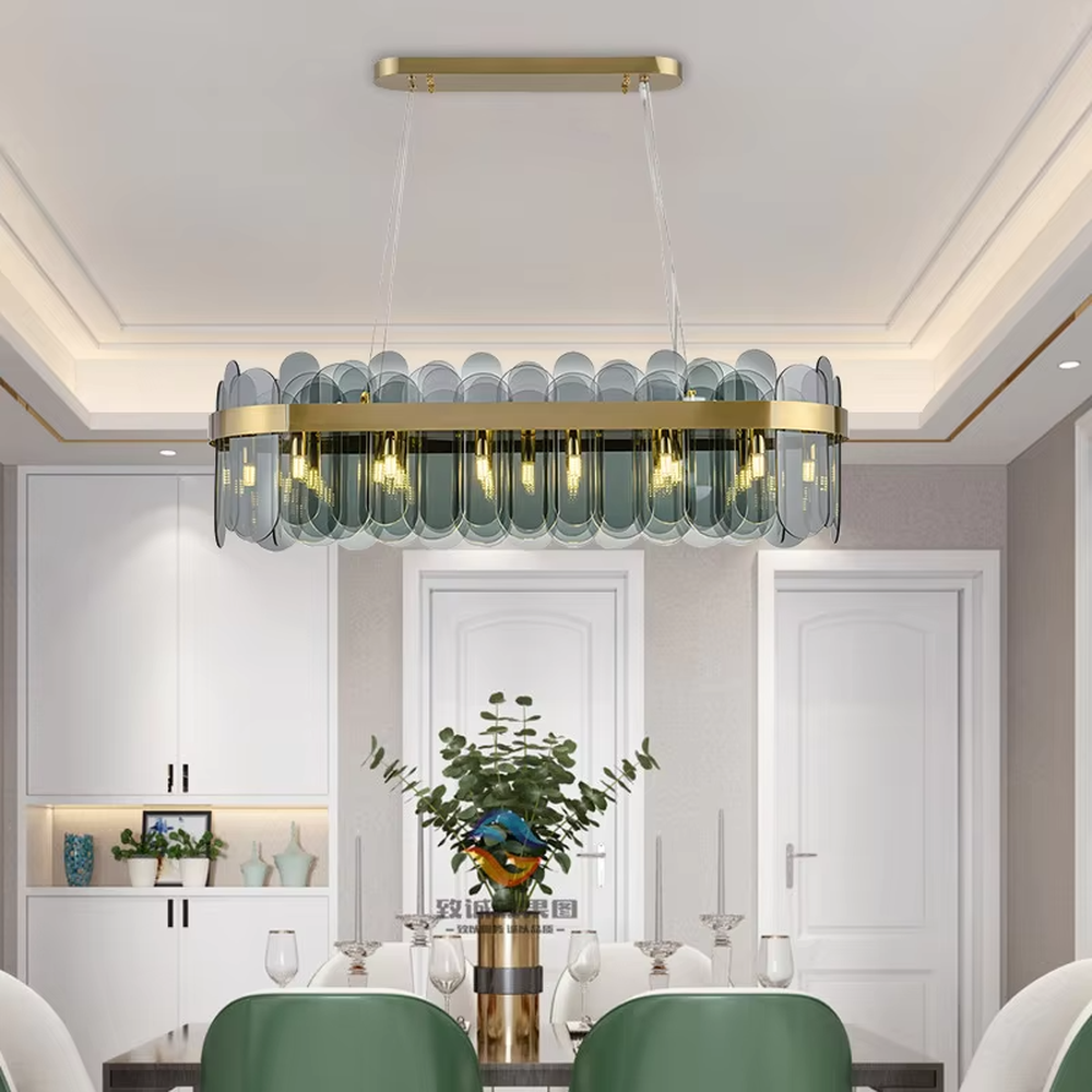 A modern light luxury style ring chandelier, featuring a gold metal frame paired with gradient transparent circular glass panels. It emits a soft and brilliant glow when lit, combining decorative appeal with practical illumination, ideal for creating an elegant and sophisticated space atmosphere.
