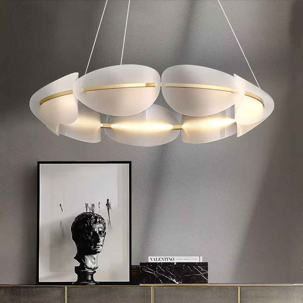 Modern light luxury ring petal chandelier, crafted with frosted acrylic petal-shaped lampshades and accented with gold metal lines. It emits soft and even light, combining artistry and ambiance, making it a decorative lighting fixture that elevates the space's style.