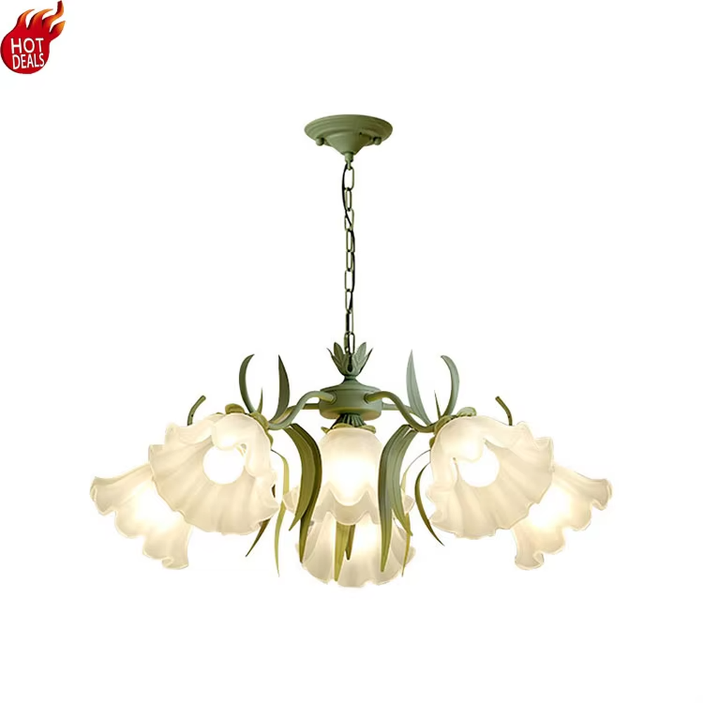 This French pastoral style flower chandelier features a green metal branch paired with white flower-shaped lampshades, with light refracting a soft halo through the frosted lampshades, serving both lighting and decorative purposes, suitable for warm and romantic spaces such as bedrooms and dining rooms.