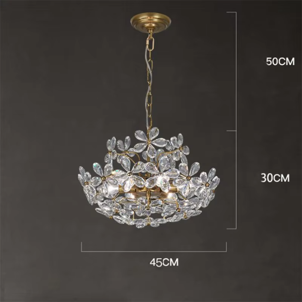 A French light luxury style double-layer crystal petal chandelier, featuring a gold iron frame inlaid with K9 crystal petal decorations. It emits a brilliant and soft glow when lit, combining decorative appeal with practical illumination, ideal for creating a romantic and retro space atmosphere.