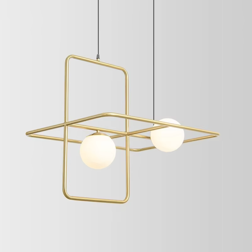 A modern minimalist style geometric line chandelier, featuring an asymmetric frame made of gold metal paired with milky white glowing spheres, combining decorative appeal with practical illumination, ideal for creating a minimalist and sophisticated space atmosphere.