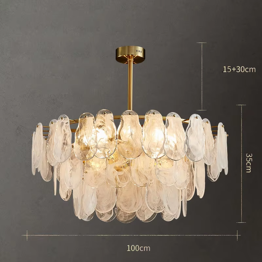 A modern light luxury style ring chandelier, featuring a gold metal frame with layered gradient glass petal panels. It emits a soft and warm glow when lit, combining decorative appeal with practical illumination, ideal for creating an elegant and sophisticated space atmosphere.