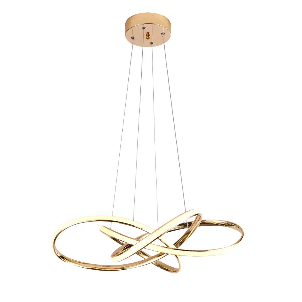 A modern light luxury style interwoven ring LED chandelier, featuring a smooth interwoven multi-ring frame made of gold metal, with built-in high-brightness LED strips. It emits soft and uniform warm light when lit, combining decorative appeal with practical illumination, ideal for creating a minimalist and sophisticated space atmosphere.