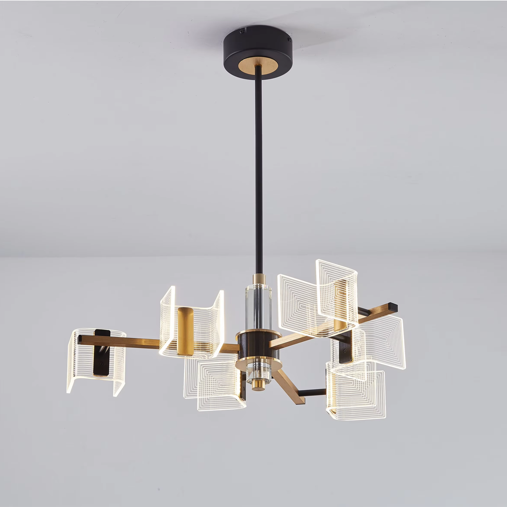Modern light luxury geometric square chandelier, featuring a black and gold two-tone metal frame and acrylic glowing lampshades with gradient line textures, creating a layered visual effect. It is an artistic lighting fixture that combines decorative and functional lighting.