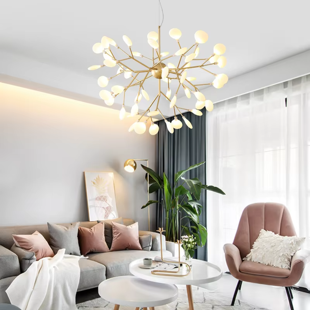This is a modern light luxury firefly chandelier, featuring a gold metal branch structure paired with rounded soft light heads, shaped like a swarm of fireflies dancing. It emits soft and warm light, serving both lighting and artistic decoration purposes, suitable for Nordic-style living rooms, light luxury dining rooms, cozy bedrooms, internet-famous homestays and other scenarios.