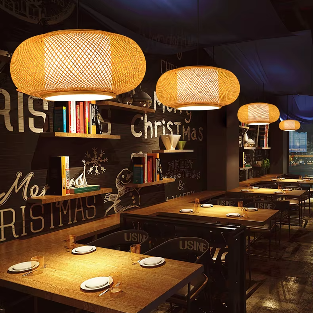 This retro-style bamboo woven cone chandelier is made of natural bamboo strips woven into a hollow cone shape. Warm light refracts through the bamboo texture to emit a soft halo, serving both lighting and decorative purposes, suitable for atmospheric spaces such as retro restaurants and bars.