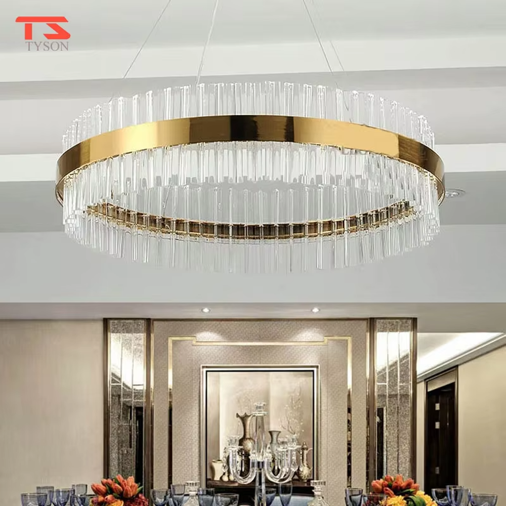 Modern Light Luxury Double-Layer Round Crystal Chandelier, Gold metal ring frame with double-layer suspended transparent crystal strips, serves both lighting and decorative purposes, ideal for living rooms, dining rooms, villas, hotel lobbies and other light luxury spaces.
