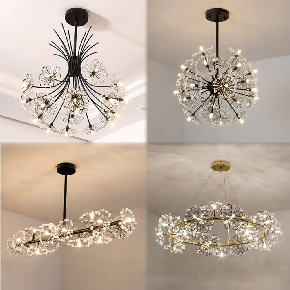 This is a modern light luxury firework-shaped chandelier, featuring a gold metal branch structure paired with transparent crystal decorations, as brilliant and dynamic as a blooming dandelion. It emits soft and warm light, serving both lighting and artistic decoration purposes, suitable for light luxury dining rooms, villa living rooms, high-end clubs, showrooms and other scenarios.