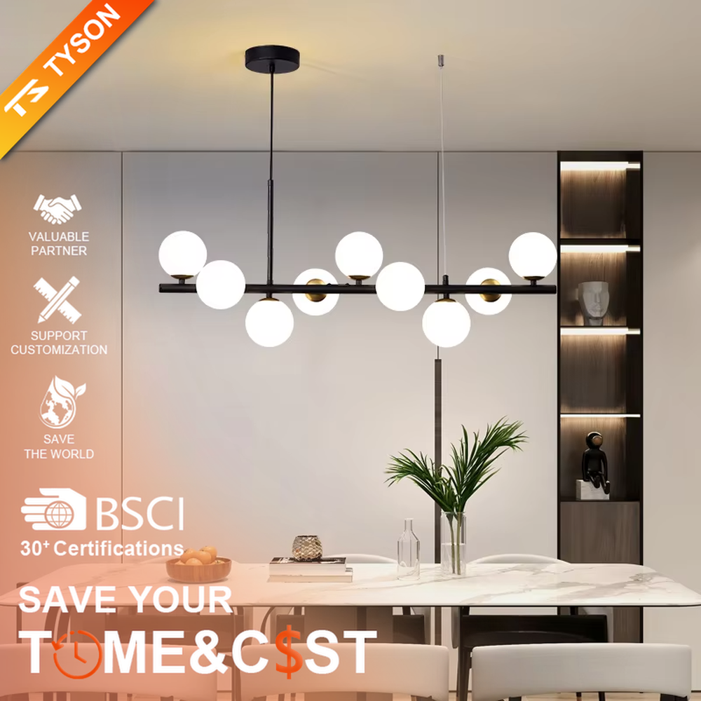 Modern light luxury golden linear molecular ball chandelier, with a golden metal frame paired with staggered milky white glass ball lampshades, featuring soft and uniform light, combining decorative and lighting functions, suitable for dining rooms, bars, open kitchens and other modern style spaces.
