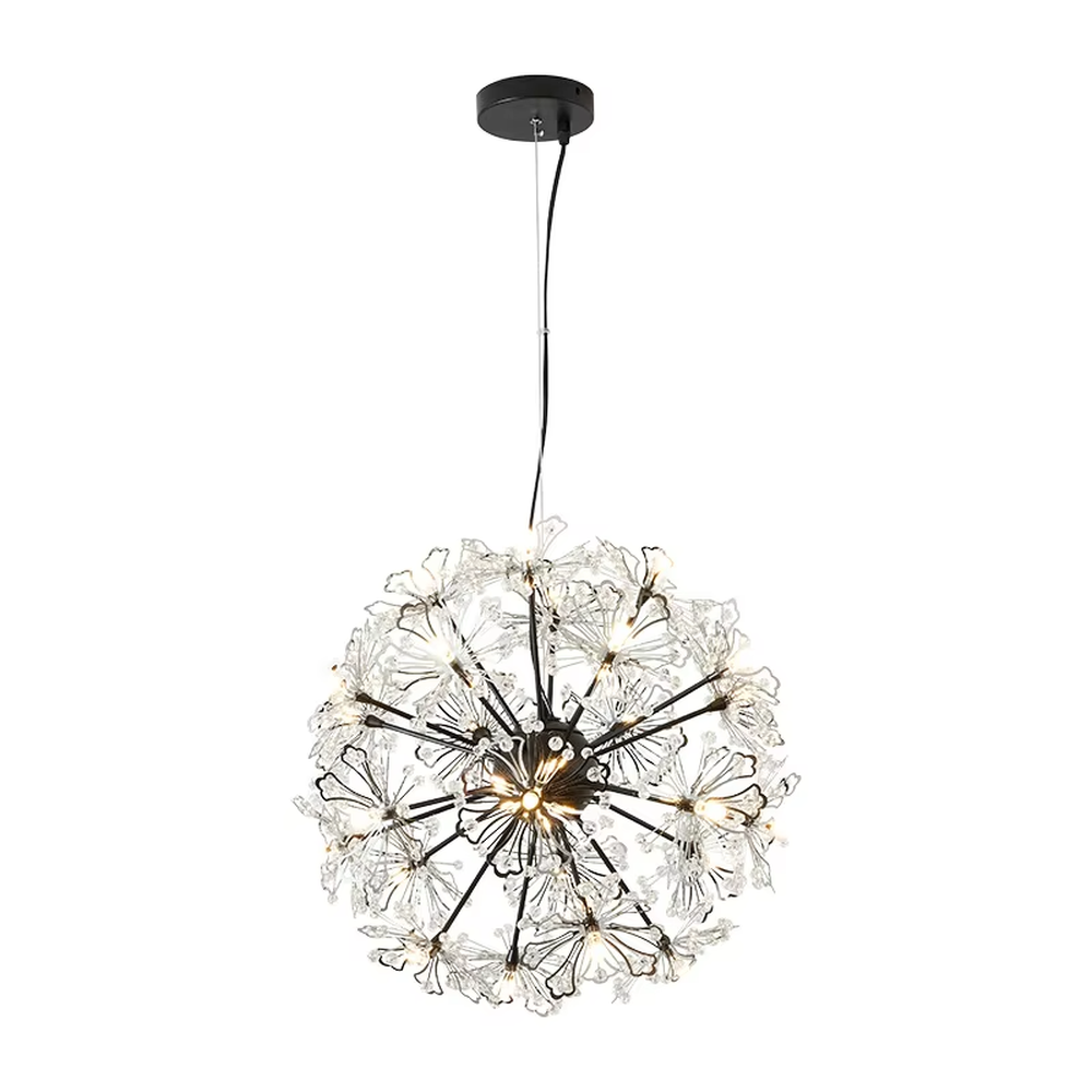 This light luxury dandelion-shaped crystal chandelier features a spherical structure with metal arms and crystal ornaments, with light refracting a brilliant halo through the crystals, serving both lighting and decorative purposes, suitable for modern light luxury spaces such as living rooms and dining rooms.