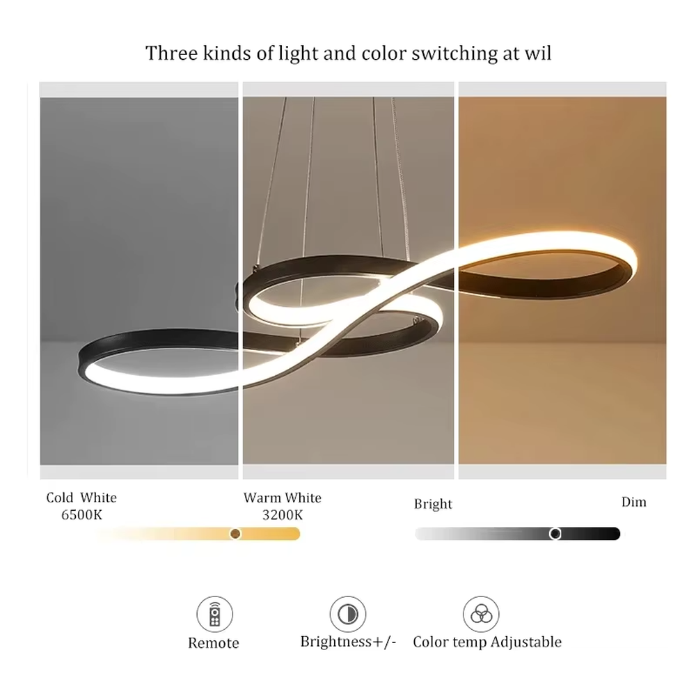 A modern light luxury style double-loop interwoven LED chandelier, featuring a smooth interwoven ring frame made of gold metal, with built-in high-brightness LED strips. It emits a soft and uniform glow when lit, combining decorative appeal with practical illumination, ideal for creating a minimalist and sophisticated space atmosphere.