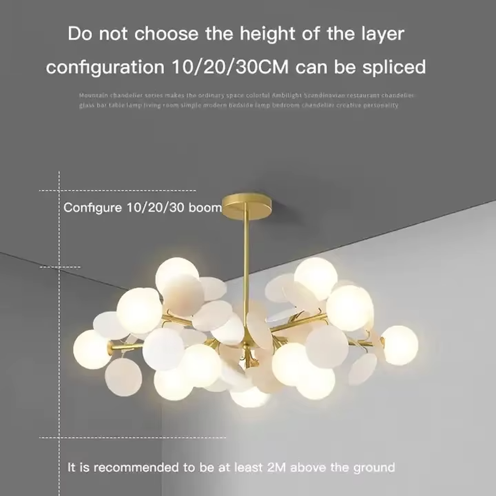 Playful macaron color bubble chandelier, with a golden metal frame paired with macaron color discs and milky white glass ball lampshades, shaped like a cluster of colorful bubbles, featuring soft and warm light, combining decorative and lighting functions, suitable for children's rooms, parent-child living rooms, early education centers and other playful style spaces.