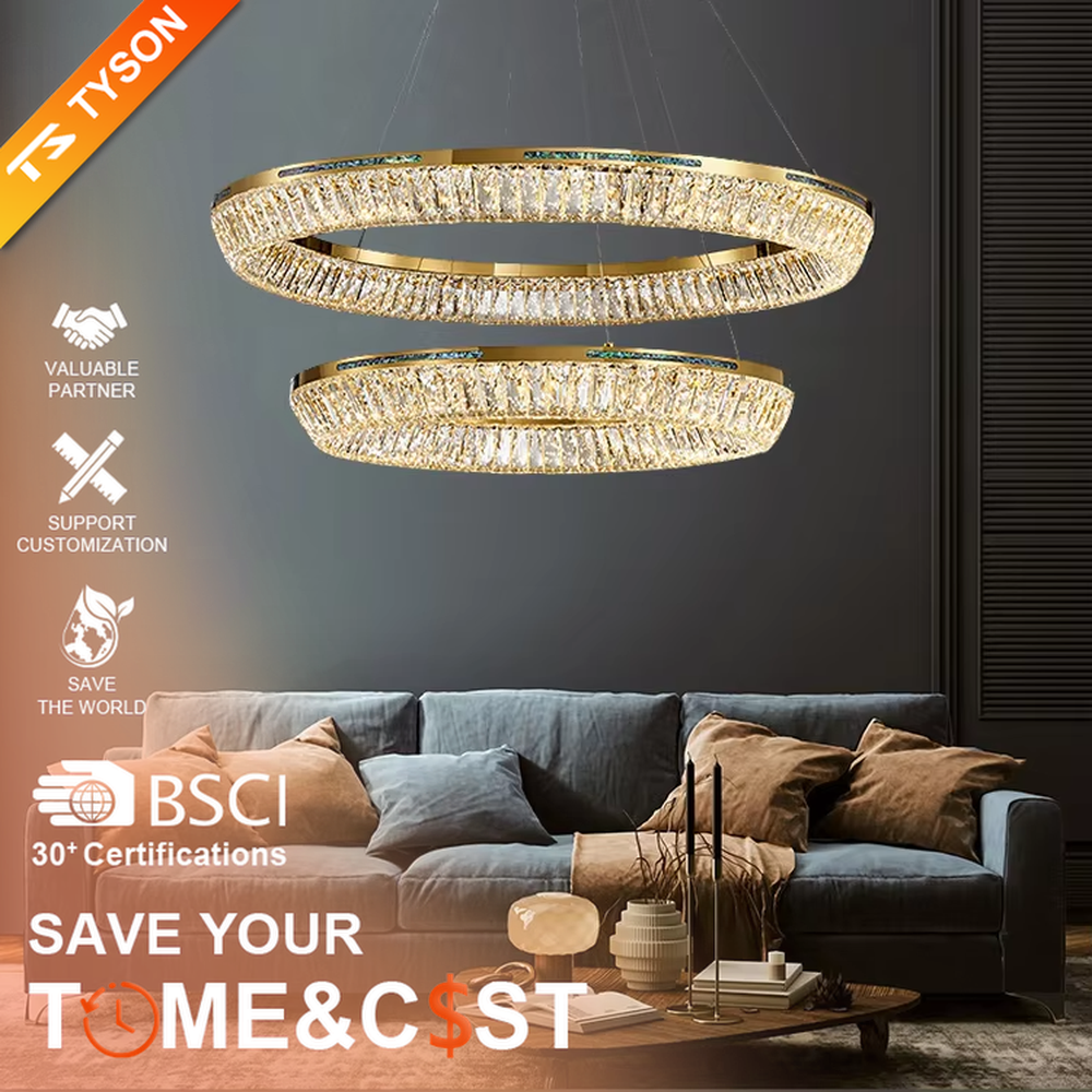 Modern light luxury three-layer ring crystal chandelier, with golden metal frames and transparent crystal lampshades, the staggered suspended shape combines decorative and lighting functions, suitable for high-ceiling living rooms, villas, high-end clubs and other spaces.