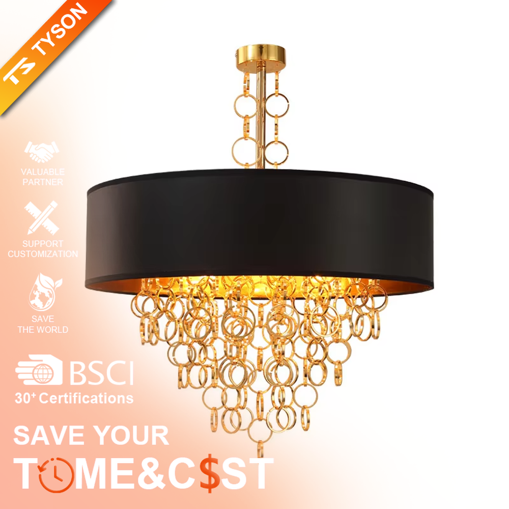 Modern light luxury black-gold ring tassel chandelier, with a black fabric lampshade paired with golden metal ring tassel design, featuring luxurious and soft light, combining decorative and lighting functions, suitable for living rooms, dining rooms, hotels and clubs in light luxury style.