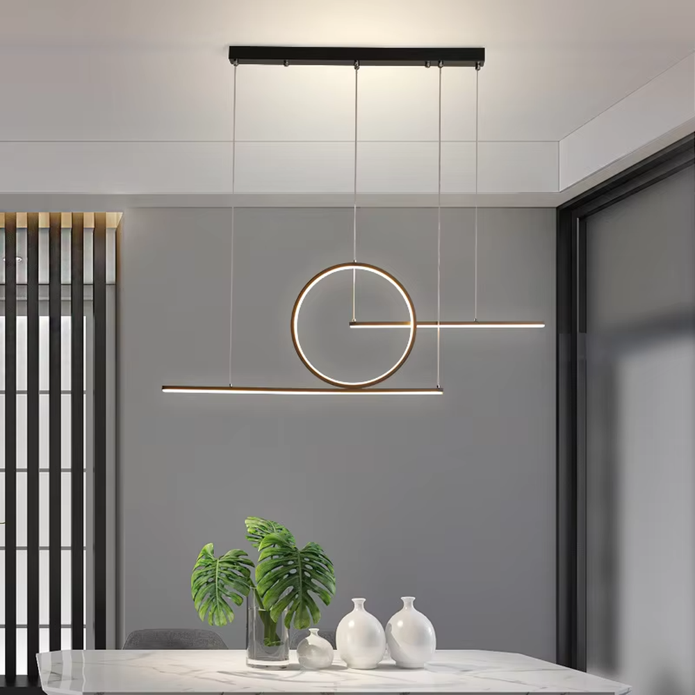 A modern minimalist and new Chinese style geometric linear chandelier, featuring a gold metal frame composed of a circle and two straight lines, with built-in LED strips. It emits a soft and uniform glow when lit, combining decorative appeal with practical illumination, ideal for creating a minimalist and Zen space atmosphere.