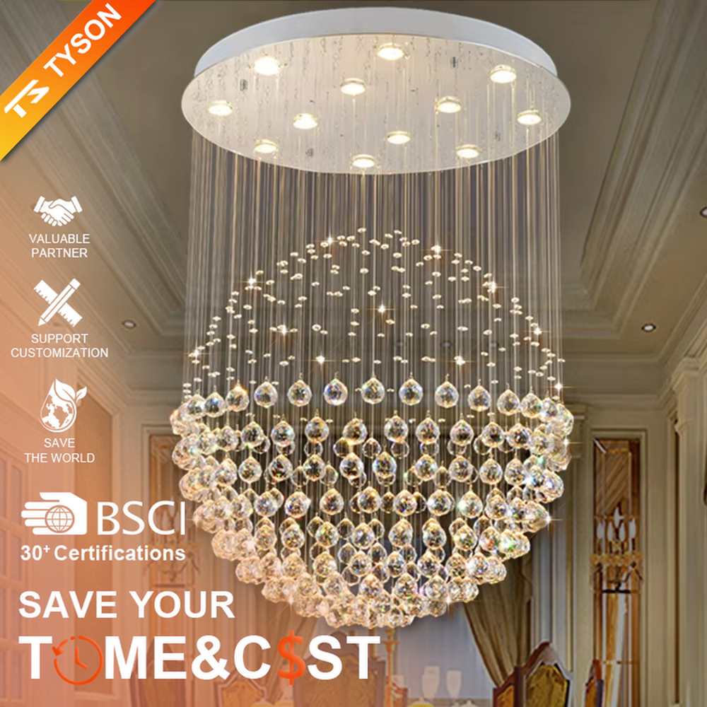 This light luxury crystal ball pendant chandelier features a circular metal base paired with metal wires and dense crystal balls, forming a full spherical shape, with dazzling light, serving both lighting and decorative purposes, suitable for high-end residential spaces such as high-ceiling living rooms and villas.