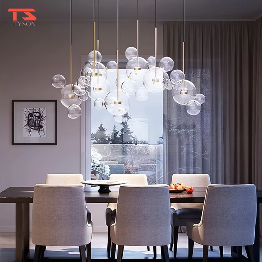 A modern dreamy cloud bubble chandelier, composed of multiple frosted glass balls of varying sizes paired with gold suspension rods. It emits soft and even light when lit, combining decorative appeal with practical illumination, ideal for creating a romantic and soothing space atmosphere.