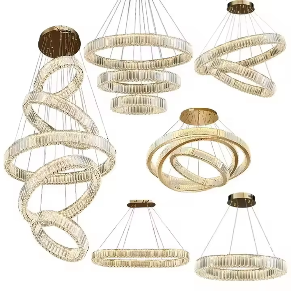 This chandelier features a core shape of multi-layer rings of varying sizes, with a lamp body made of high-transparency crystal material, paired with delicate metal suspension wires and a ceiling plate. The light presents a bright and soft gradient glow after passing through the crystal, combining modern design and luxurious texture. It is not only the core lighting tool for high-ceiling spaces, but also an artistic installation that enhances the space's style, suitable for a variety of modern light luxury style soft decoration scenarios.