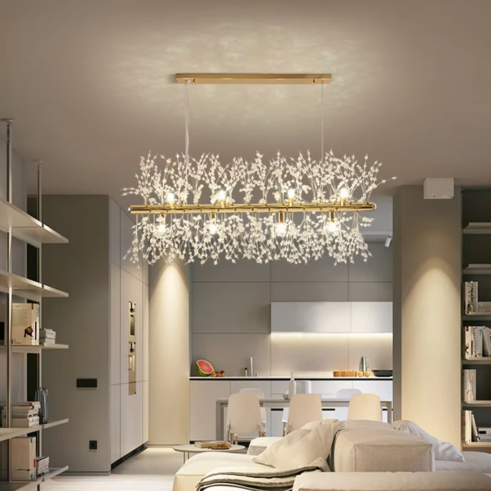 Light luxury style dandelion-shaped chandelier, composed of a gold metal frame and a transparent luminous branch and leaf structure, presenting a spherical blooming effect. It emits soft and bright light, combining artistry and lighting function, suitable for atmosphere creation and main lighting in living rooms, dining rooms, bedrooms and other spaces.