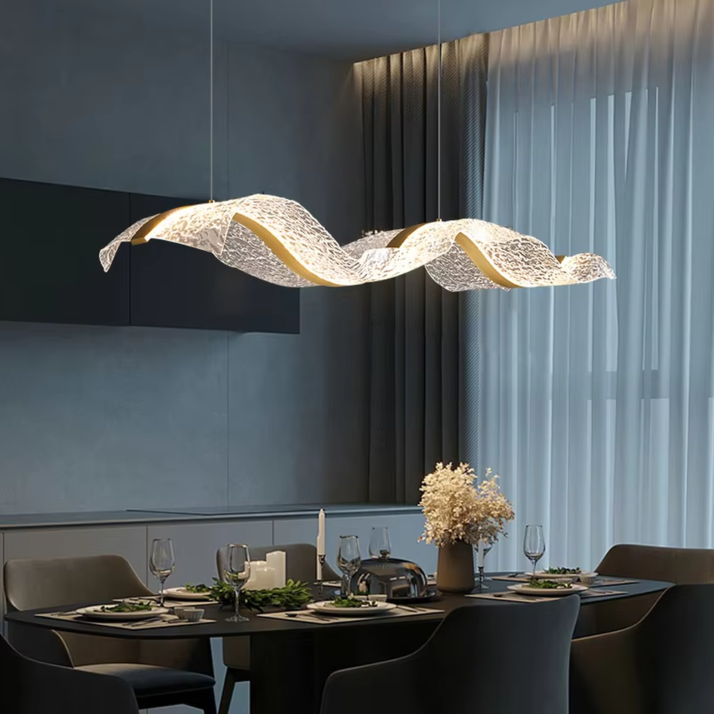 This is a modern art-style wavy suspended chandelier, made of white light-transmitting panels to create a dynamic undulating wave shape, with both decorative and lighting functions, ideal for commercial spaces such as front desks and reception areas.